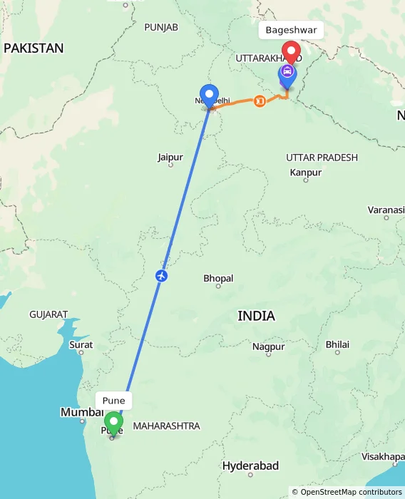 Route map showing distance and travel time from Pune, India to Bageshwar, India
