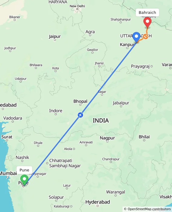 Route map showing distance and travel time from Pune, India to Bahraich, India