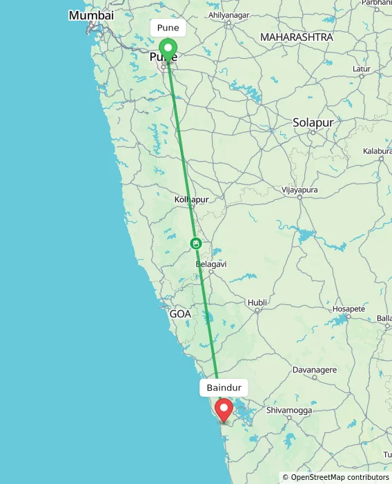 Route map showing distance and travel time from Pune, India to Baindur, India