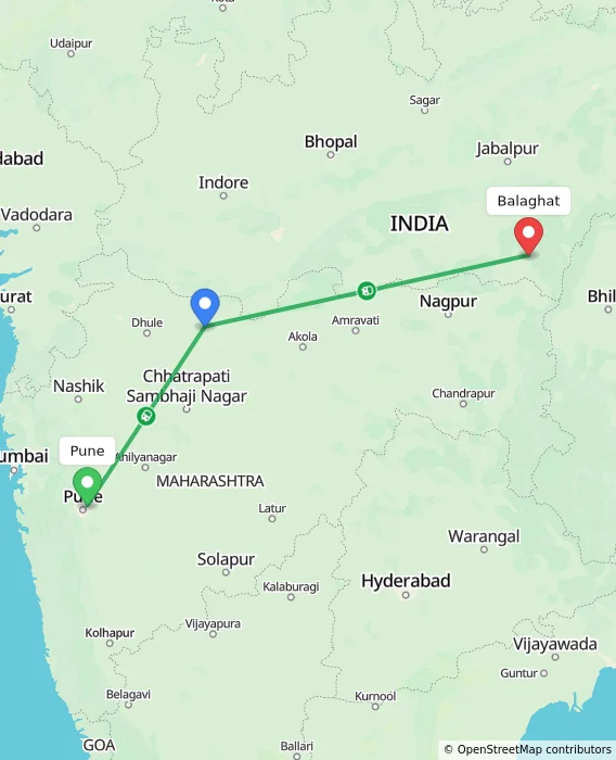 Route map showing distance and travel time from Pune, India to Balaghat, India