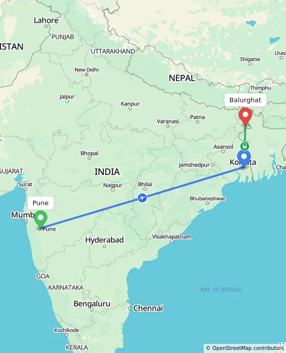 Route map showing distance and travel time from Pune, India to Balurghat, India