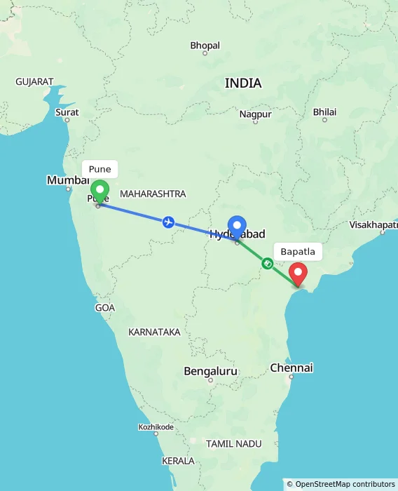 Route map showing distance and travel time from Pune, India to Bapatla, India
