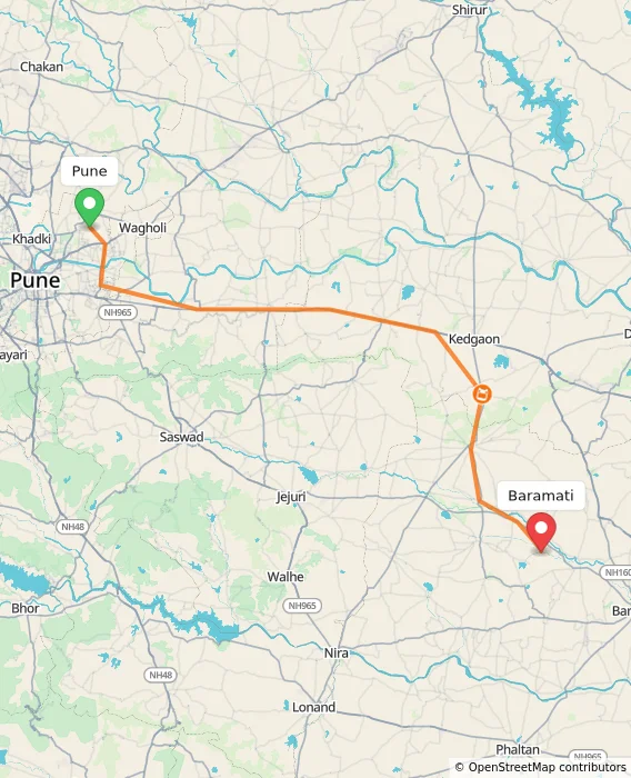 Route map showing distance and travel time from Pune, India to Baramati, India