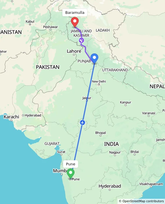 Route map showing distance and travel time from Pune, India to Baramulla, India