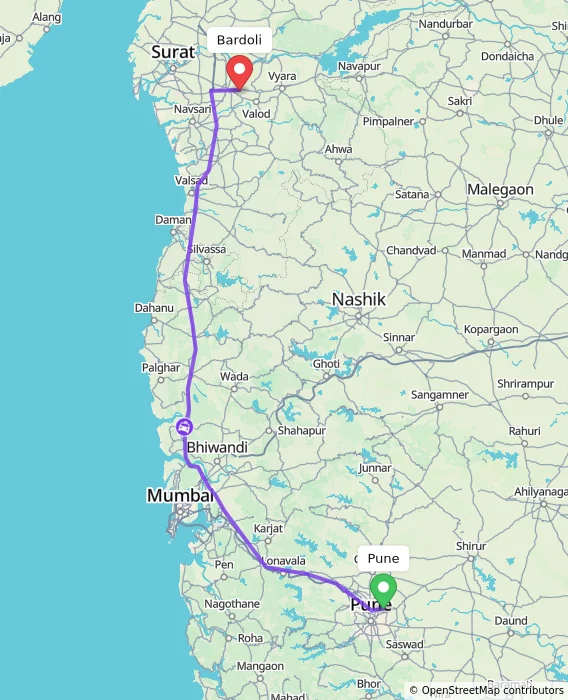 Route map showing distance and travel time from Pune, India to Bardoli, India