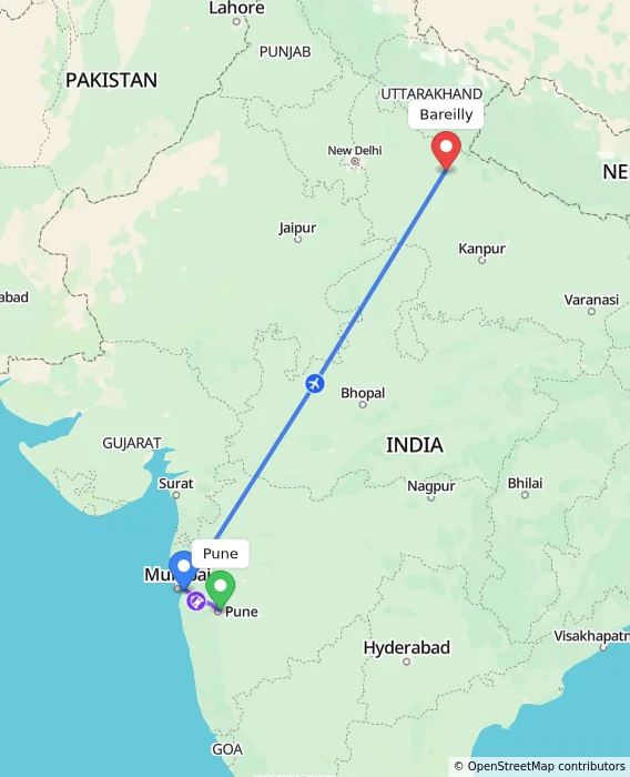 Route map showing distance and travel time from Pune, India to Bareilly, India