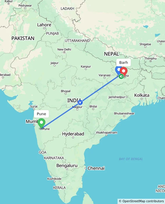 Route map showing distance and travel time from Pune, India to Barh, India