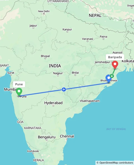Route map showing distance and travel time from Pune, India to Baripada, India