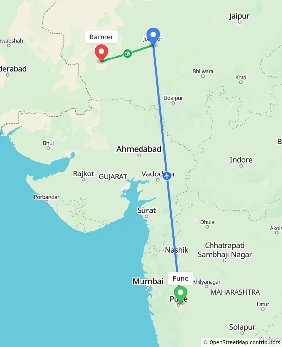 Route map showing distance and travel time from Pune, India to Barmer, India