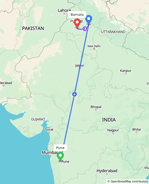 Route map showing distance and travel time from Pune, India to Barnala, India