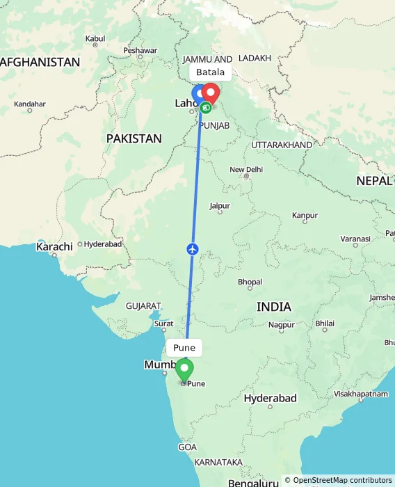 Route map showing distance and travel time from Pune, India to Batala, India