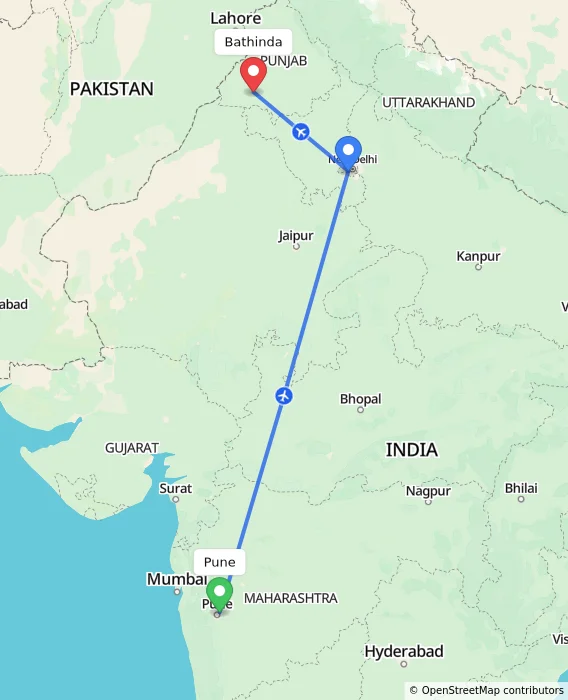Route map showing distance and travel time from Pune, India to Bathinda, India