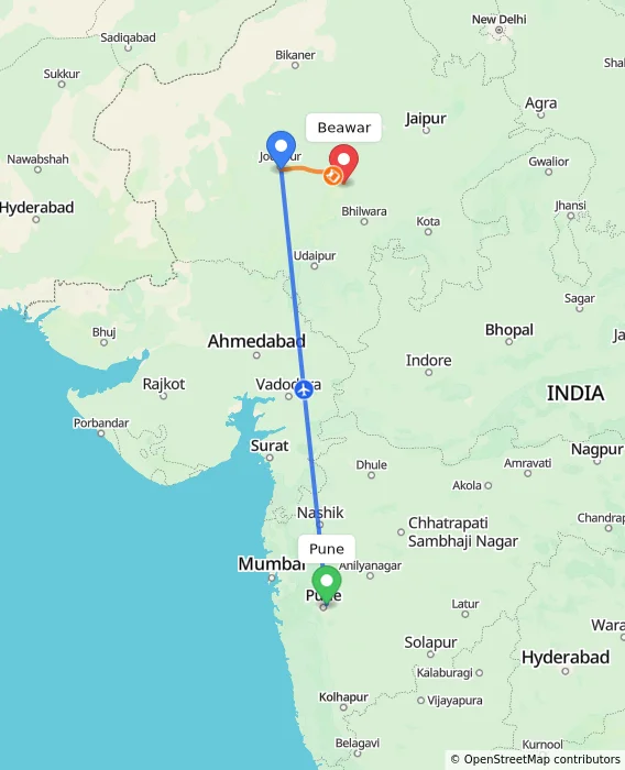 Route map showing distance and travel time from Pune, India to Beawar, India