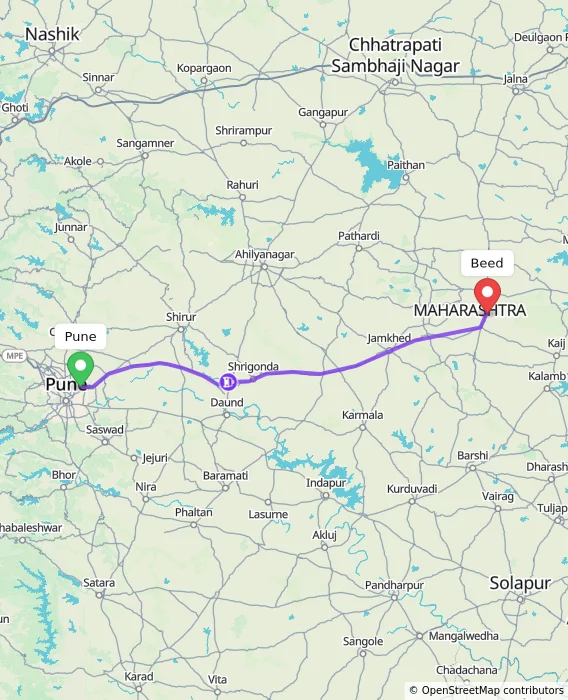 Route map showing distance and travel time from Pune, India to Beed, India