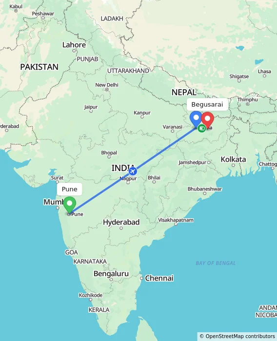 Route map showing distance and travel time from Pune, India to Begusarai, India