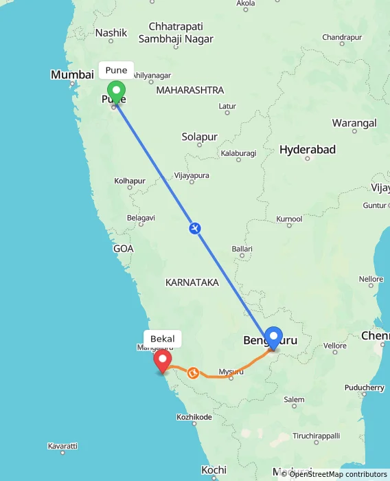 Route map showing distance and travel time from Pune, India to Bekal, India