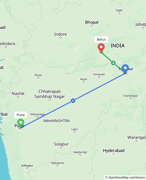 Route map showing distance and travel time from Pune, India to Betul, India