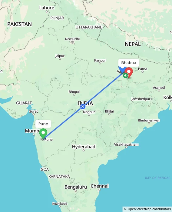 Route map showing distance and travel time from Pune, India to Bhabua, India
