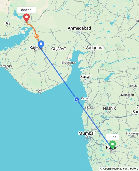 Route map showing distance and travel time from Pune, India to Bhachau, India