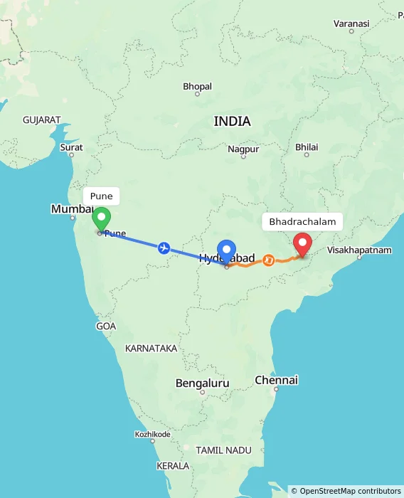 Route map showing distance and travel time from Pune, India to Bhadrachalam, India