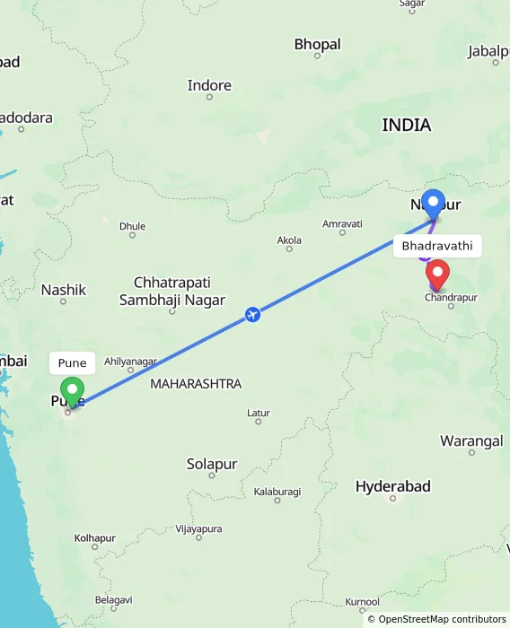 Route map showing distance and travel time from Pune, India to Bhadravathi, India
