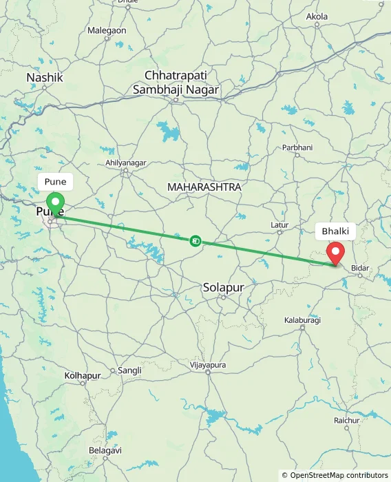 Route map showing distance and travel time from Pune, India to Bhalki, India