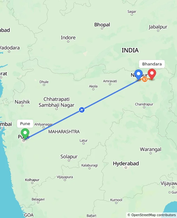 Route map showing distance and travel time from Pune, India to Bhandara, India