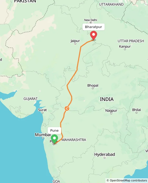 Route map showing distance and travel time from Pune, India to Bharatpur, India