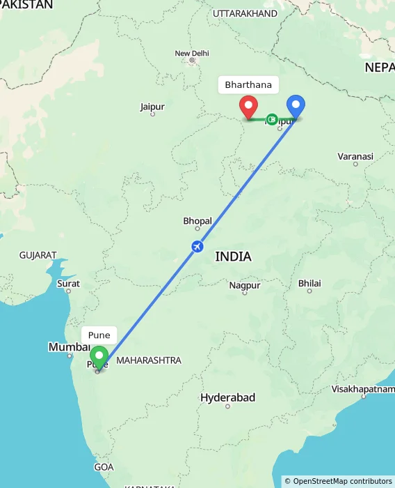 Route map showing distance and travel time from Pune, India to Bharthana, India