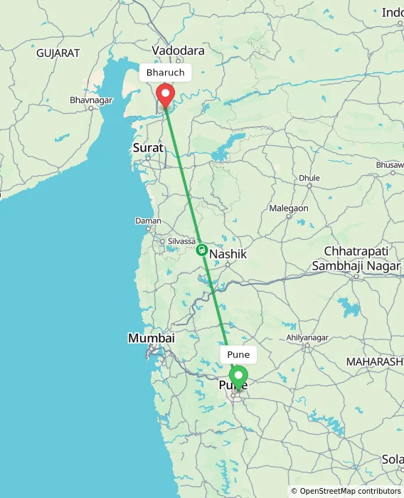Route map showing distance and travel time from Pune, India to Bharuch, India