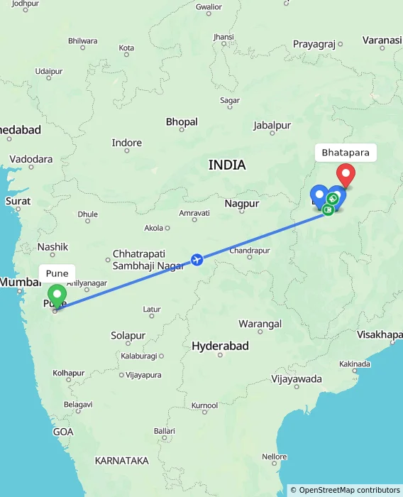 Route map showing distance and travel time from Pune, India to Bhatapara, India