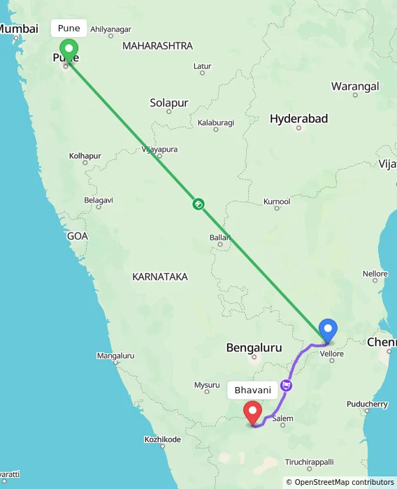 Route map showing distance and travel time from Pune, India to Bhavani, India