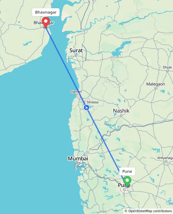 Route map showing distance and travel time from Pune, India to Bhavnagar, India