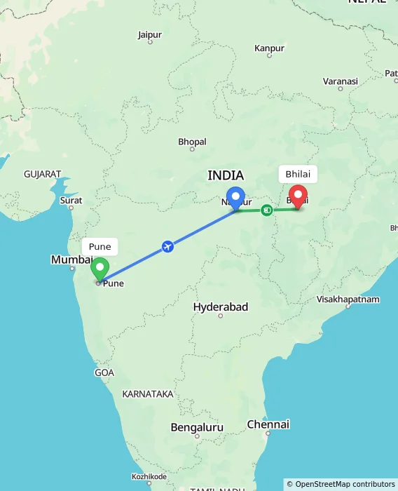 Route map showing distance and travel time from Pune, India to Bhilai, India