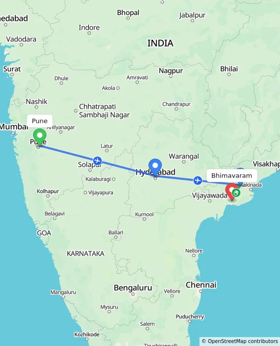 Route map showing distance and travel time from Pune, India to Bhimavaram, India