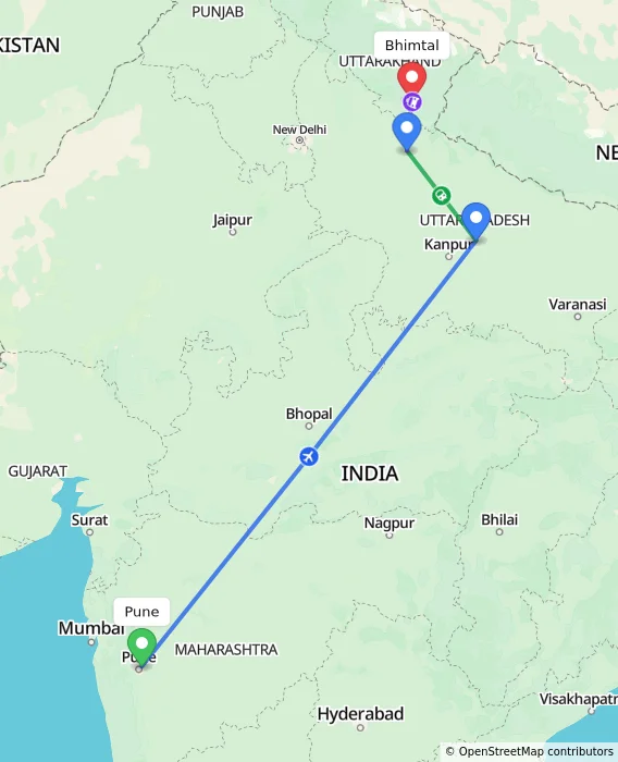 Route map showing distance and travel time from Pune, India to Bhimtal, India