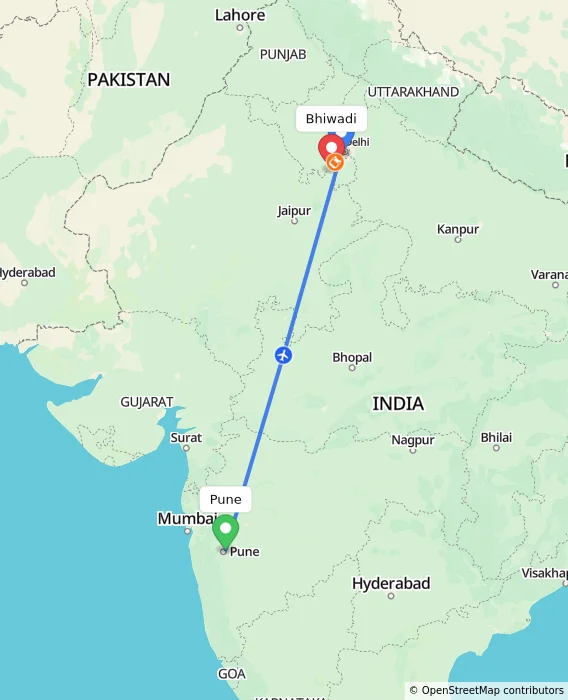 Route map showing distance and travel time from Pune, India to Bhiwadi, India
