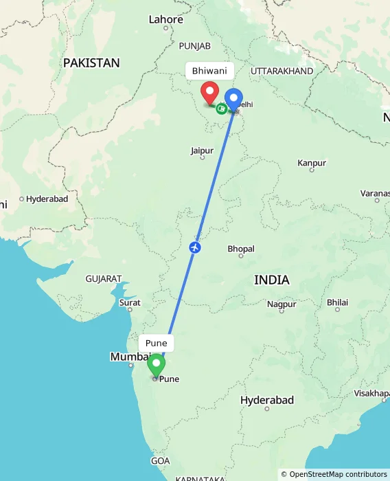 Route map showing distance and travel time from Pune, India to Bhiwani, India