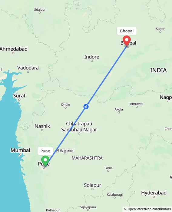 Route map showing distance and travel time from Pune, India to Bhopal, India