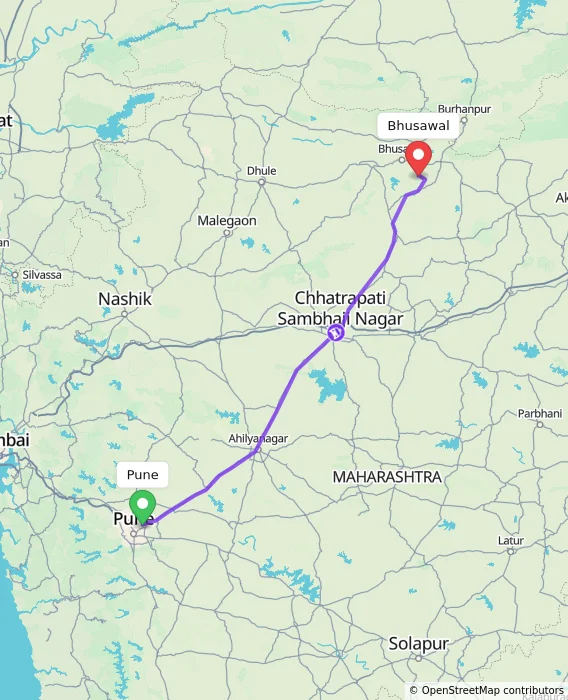 Route map showing distance and travel time from Pune, India to Bhusawal, India