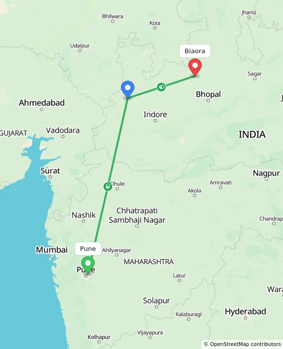 Route map showing distance and travel time from Pune, India to Biaora, India