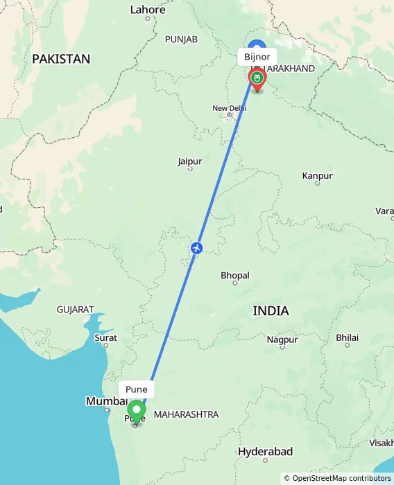 Route map showing distance and travel time from Pune, India to Bijnor, India