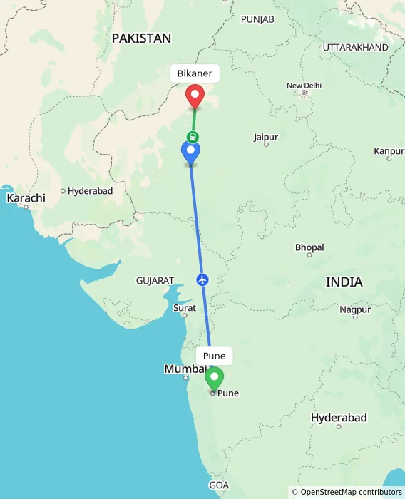 Route map showing distance and travel time from Pune, India to Bikaner, India