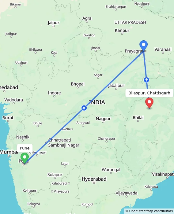Route map showing distance and travel time from Pune, India to Bilaspur, Chattisgarh, India