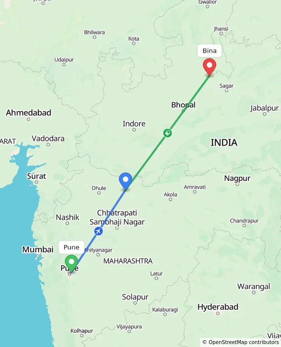 Route map showing distance and travel time from Pune, India to Bina, India
