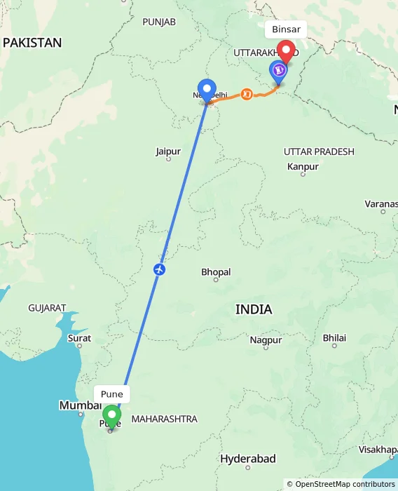 Route map showing distance and travel time from Pune, India to Binsar, India