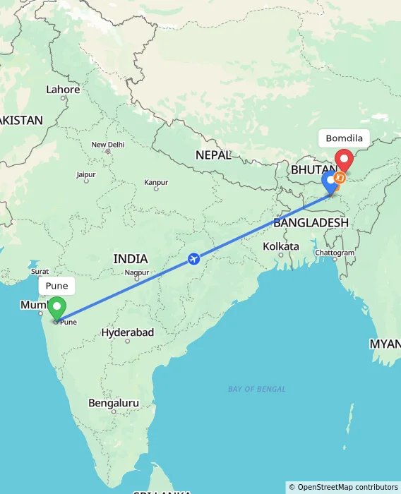 Route map showing distance and travel time from Pune, India to Bomdila, India