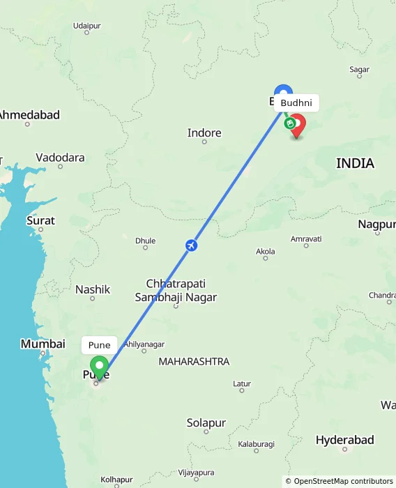 Route map showing distance and travel time from Pune, India to Budhni, India