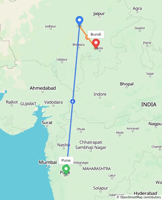 Route map showing distance and travel time from Pune, India to Bundi, India