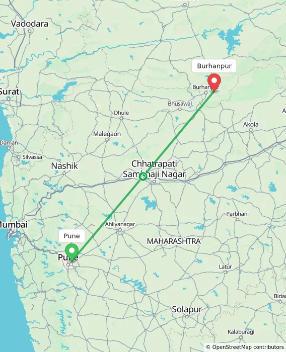Route map showing distance and travel time from Pune, India to Burhanpur, India